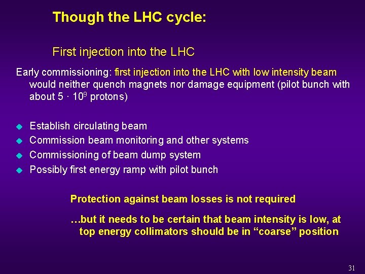 Though the LHC cycle: First injection into the LHC Early commissioning: first injection into