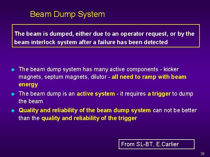 Beam Dump System The beam is dumped, either due to an operator request, or