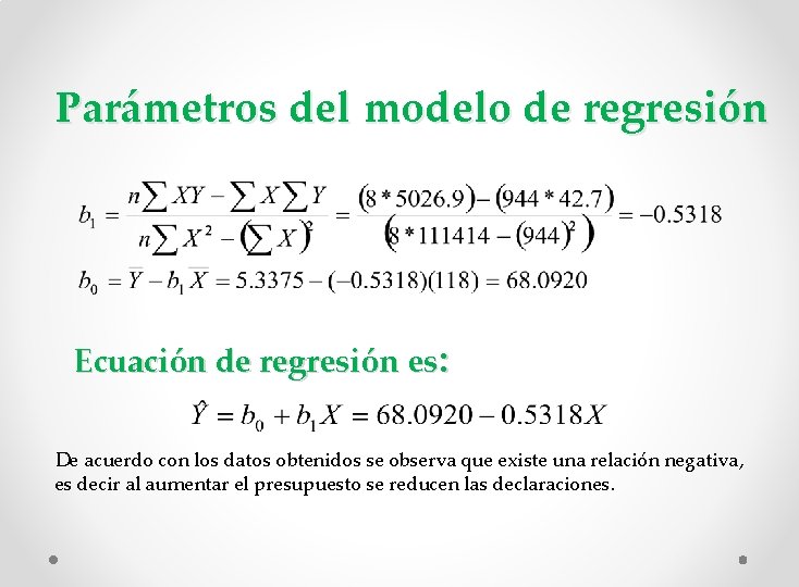 Parámetros del modelo de regresión Ecuación de regresión es: De acuerdo con los datos