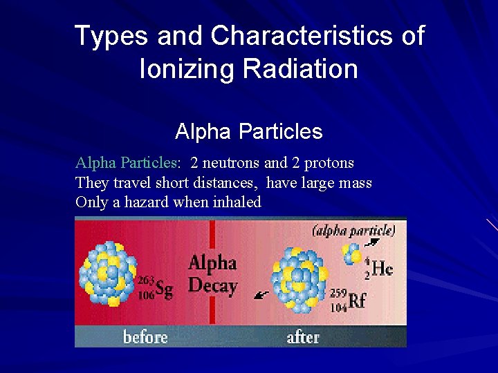 Types and Characteristics of Ionizing Radiation Alpha Particles: 2 neutrons and 2 protons They