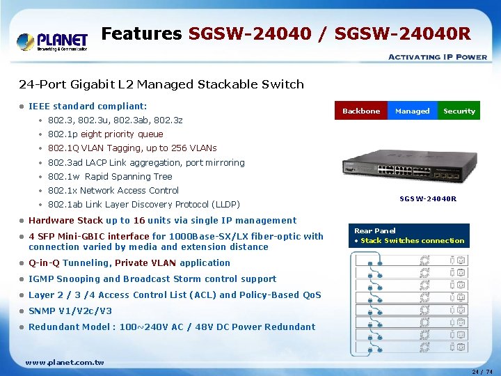 Features SGSW-24040 / SGSW-24040 R 24 -Port Gigabit L 2 Managed Stackable Switch l