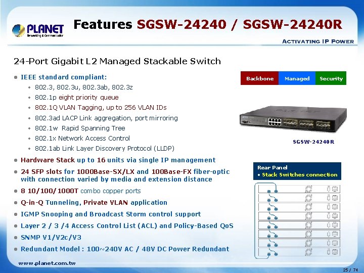 Features SGSW-24240 / SGSW-24240 R 24 -Port Gigabit L 2 Managed Stackable Switch l