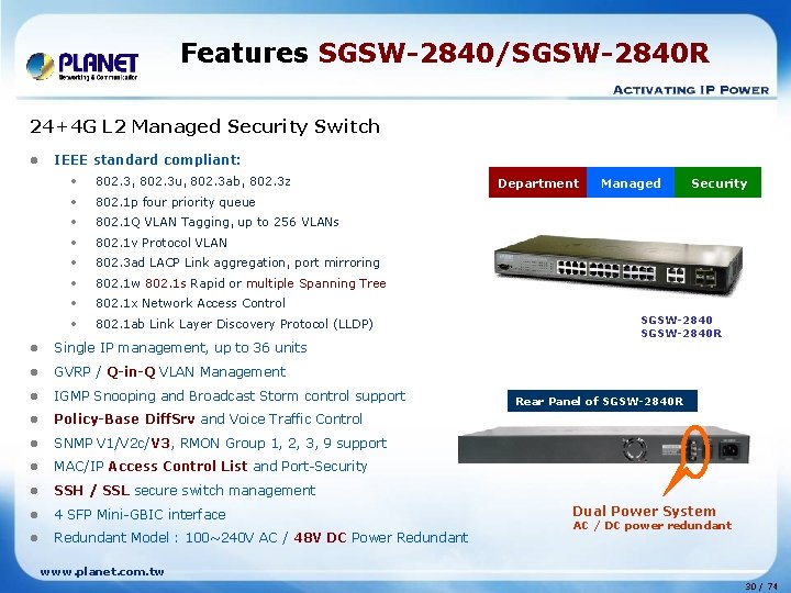 Features SGSW-2840/SGSW-2840 R 24+4 G L 2 Managed Security Switch l IEEE standard compliant: