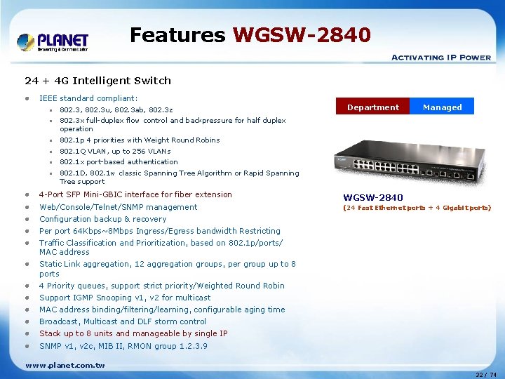 Features WGSW-2840 24 + 4 G Intelligent Switch l IEEE standard compliant: • 802.