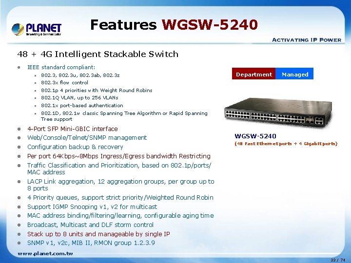 Features WGSW-5240 48 + 4 G Intelligent Stackable Switch l IEEE standard compliant: •