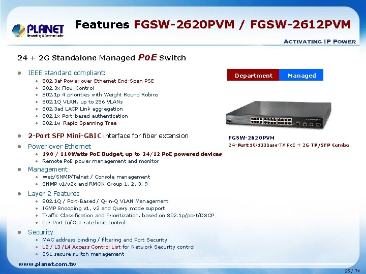Features FGSW-2620 PVM / FGSW-2612 PVM 24 + 2 G Standalone Managed l Po.