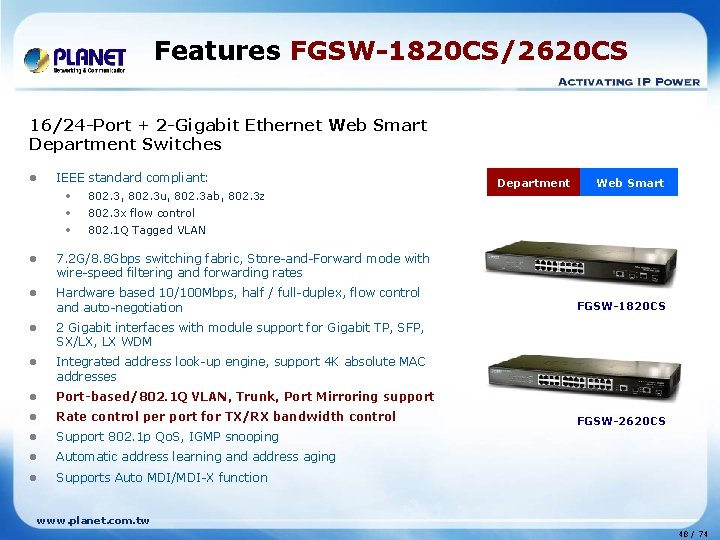 Features FGSW-1820 CS/2620 CS 16/24 -Port + 2 -Gigabit Ethernet Web Smart Department Switches