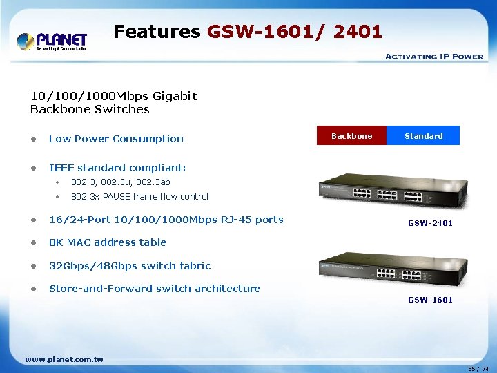 Features GSW-1601/ 2401 10/1000 Mbps Gigabit Backbone Switches l Low Power Consumption l IEEE