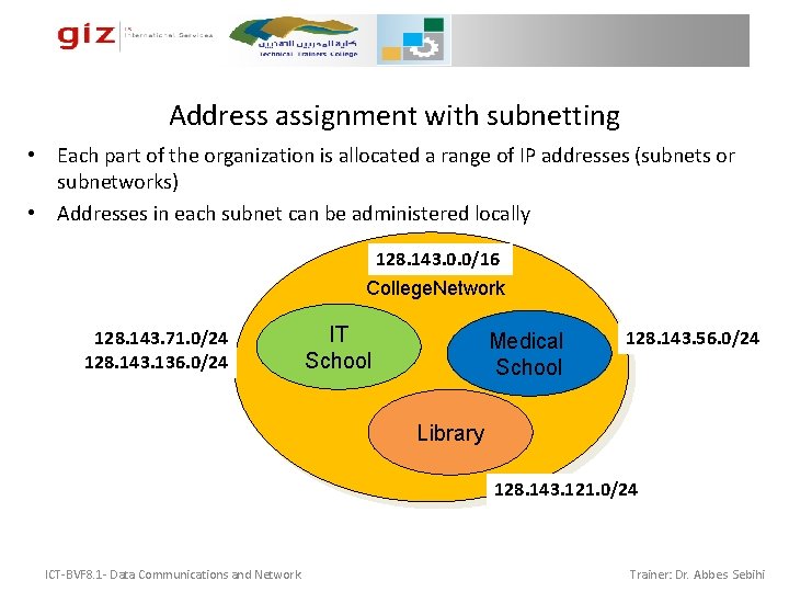 Address assignment with subnetting • Each part of the organization is allocated a range Address assignment with subnetting • Each part of the organization is allocated a range