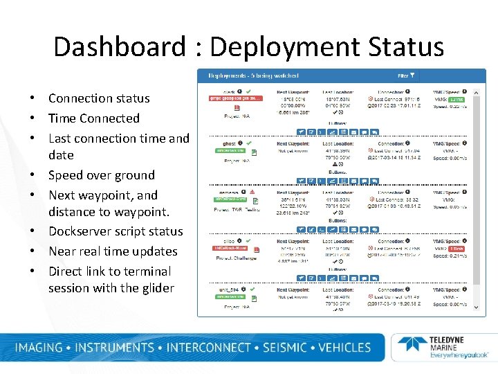 Dashboard : Deployment Status • Connection status • Time Connected • Last connection time Dashboard : Deployment Status • Connection status • Time Connected • Last connection time