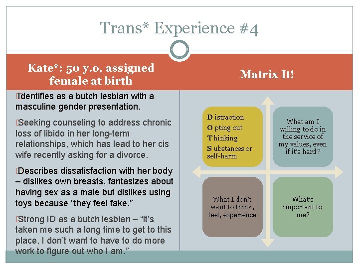 Trans* Experience #4 Kate*: 50 y. o, assigned female at birth Matrix It! �