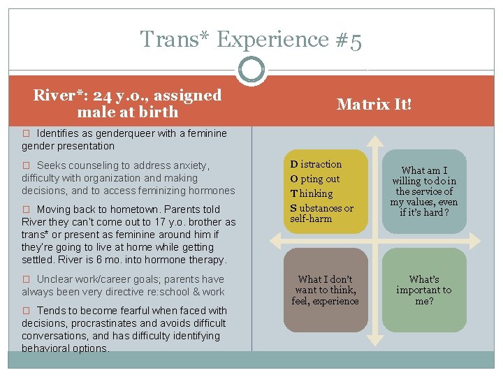 Trans* Experience #5 River*: 24 y. o. , assigned male at birth Matrix It!