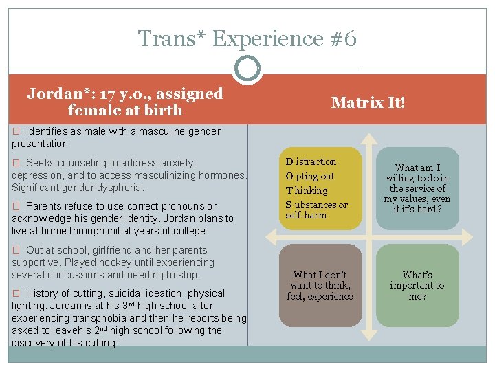 Trans* Experience #6 Jordan*: 17 y. o. , assigned female at birth Matrix It!