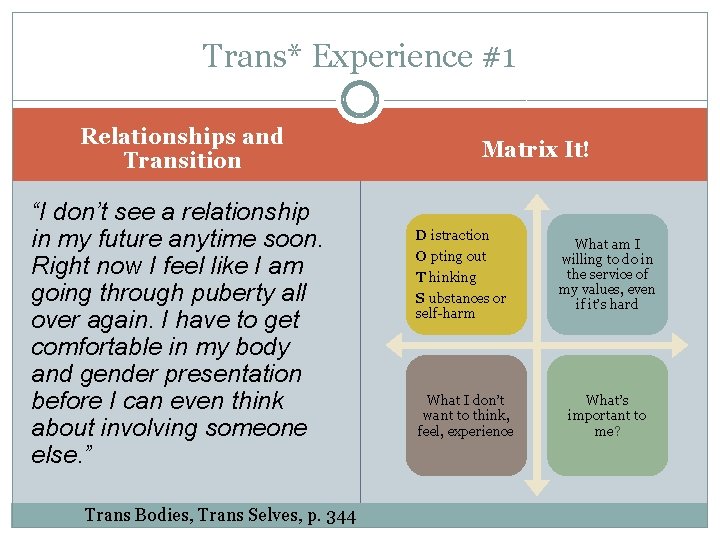 Trans* Experience #1 Relationships and Transition “I don’t see a relationship in my future