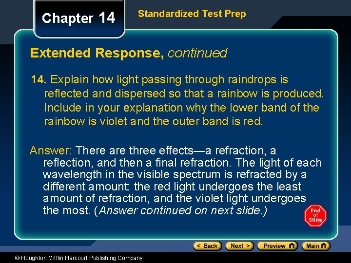 Chapter 14 Standardized Test Prep Extended Response, continued 14. Explain how light passing through