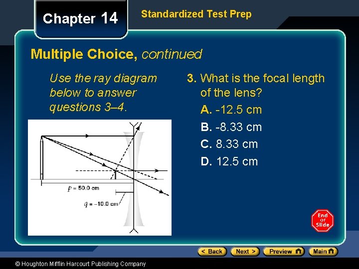 Chapter 14 Standardized Test Prep Multiple Choice, continued Use the ray diagram below to