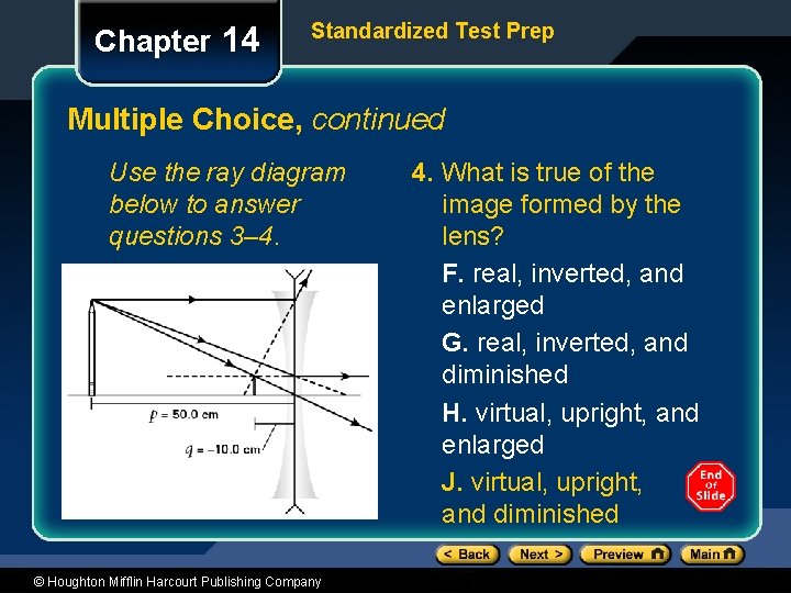 Chapter 14 Standardized Test Prep Multiple Choice, continued Use the ray diagram below to