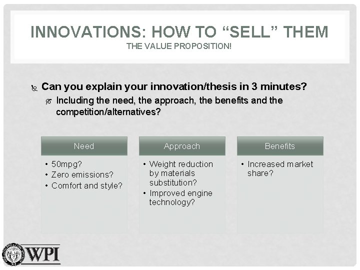 INNOVATIONS: HOW TO “SELL” THEM THE VALUE PROPOSITION! Can you explain your innovation/thesis in