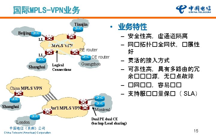 国际MPLS-VPN业务 • 业务特性 Tianjin Beijing LL MPLS VPN PE router LL CE router Logical 国际MPLS-VPN业务 • 业务特性 Tianjin Beijing LL MPLS VPN PE router LL CE router Logical