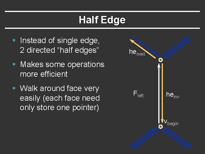 Half Edge § Instead of single edge, 2 directed “half edges” henext § Makes