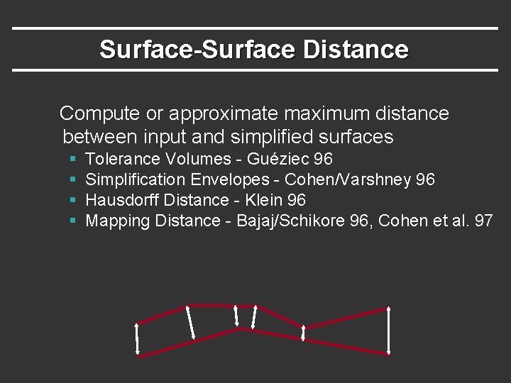 Surface-Surface Distance Compute or approximate maximum distance between input and simplified surfaces § §