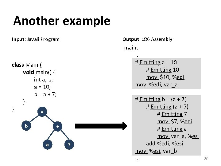 Another example Input: Javali Program Output: x 86 Assembly main: . . . #