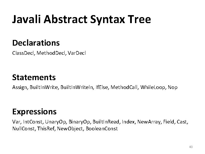 Javali Abstract Syntax Tree Declarations Class. Decl, Method. Decl, Var. Decl Statements Assign, Built.