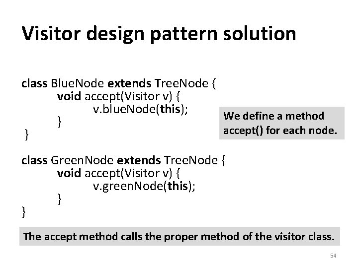Visitor design pattern solution class Blue. Node extends Tree. Node { void accept(Visitor v)