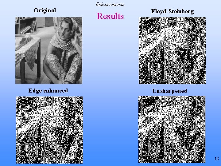 Original Edge enhanced Enhancements Results Floyd-Steinberg Unsharpened 18 