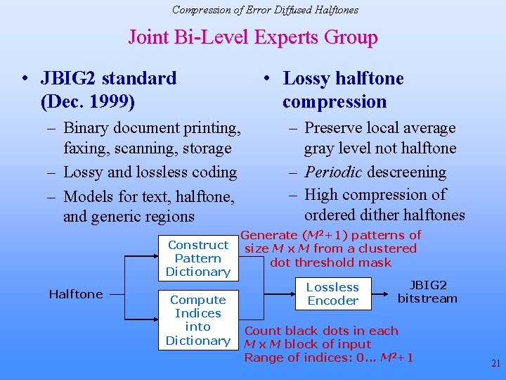 Compression of Error Diffused Halftones Joint Bi-Level Experts Group • JBIG 2 standard (Dec.