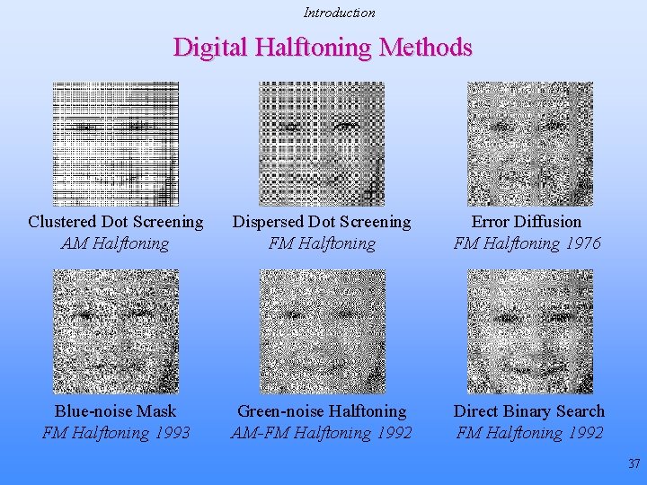 Introduction Digital Halftoning Methods Clustered Dot Screening AM Halftoning Dispersed Dot Screening FM Halftoning