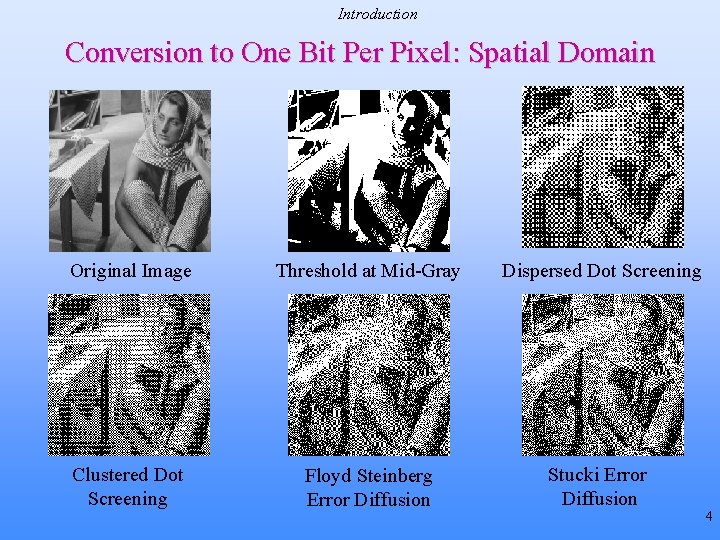 Introduction Conversion to One Bit Per Pixel: Spatial Domain Original Image Threshold at Mid-Gray