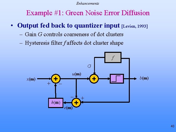 Enhancements Example #1: Green Noise Error Diffusion • Output fed back to quantizer input