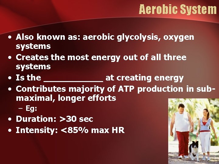 Aerobic System • Also known as: aerobic glycolysis, oxygen systems • Creates the most Aerobic System • Also known as: aerobic glycolysis, oxygen systems • Creates the most