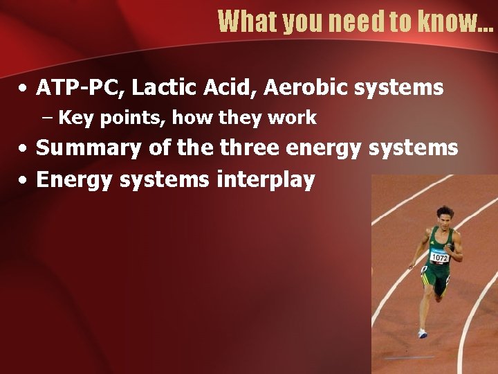 What you need to know… • ATP-PC, Lactic Acid, Aerobic systems – Key points, What you need to know… • ATP-PC, Lactic Acid, Aerobic systems – Key points,