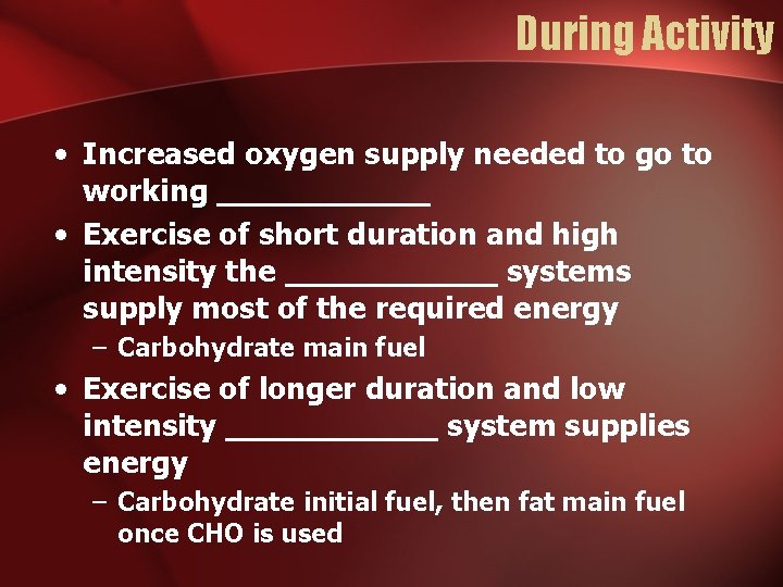 During Activity • Increased oxygen supply needed to go to working ______ • Exercise During Activity • Increased oxygen supply needed to go to working ______ • Exercise