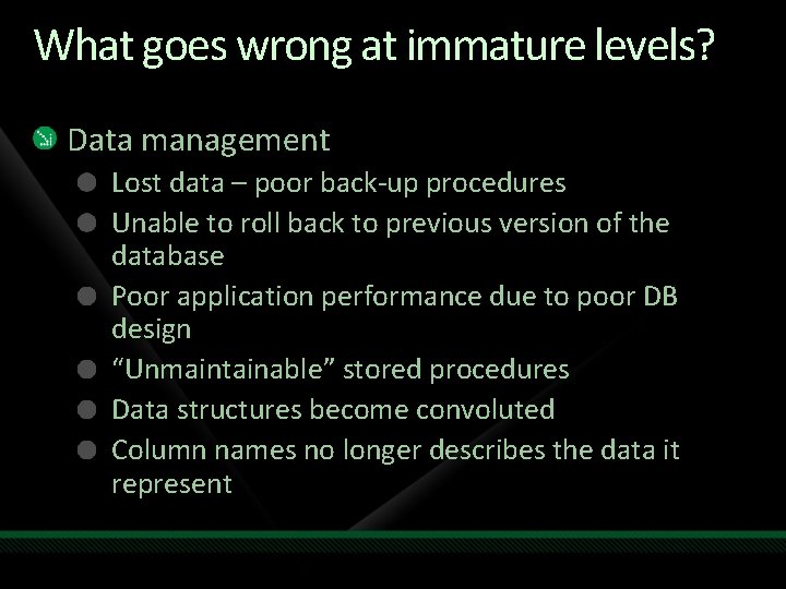 What goes wrong at immature levels? Data management Lost data – poor back-up procedures What goes wrong at immature levels? Data management Lost data – poor back-up procedures