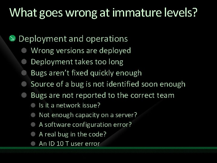 What goes wrong at immature levels? Deployment and operations Wrong versions are deployed Deployment What goes wrong at immature levels? Deployment and operations Wrong versions are deployed Deployment
