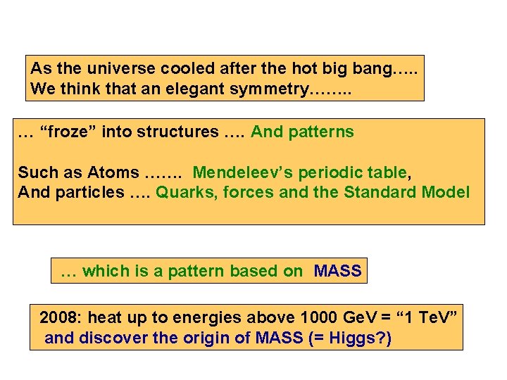 As the universe cooled after the hot big bang…. . We think that an
