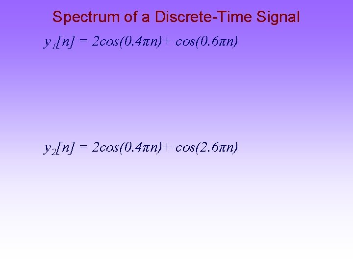 Spectrum of a Discrete-Time Signal y 1[n] = 2 cos(0. 4πn)+ cos(0. 6πn) y