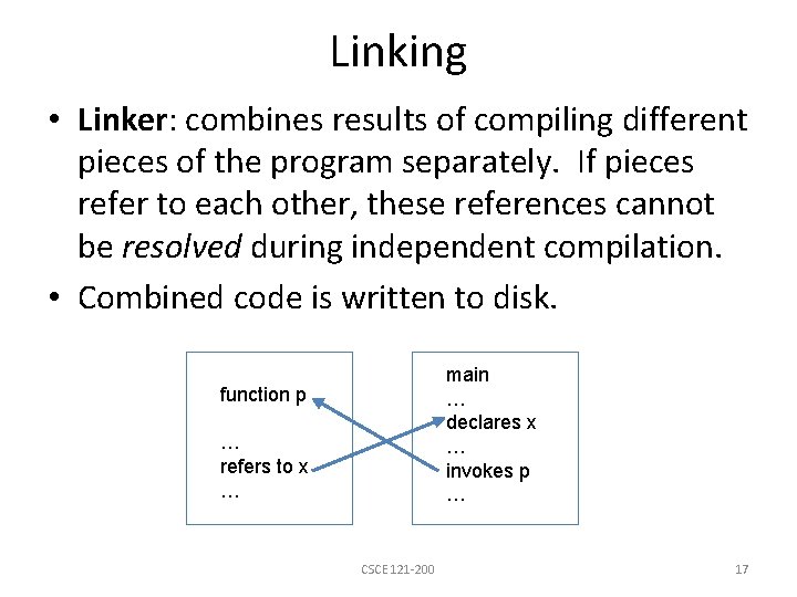 Linking • Linker: combines results of compiling different pieces of the program separately. If