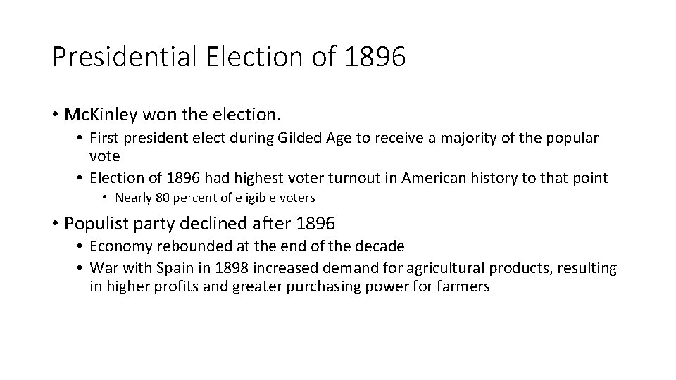 Presidential Election of 1896 • Mc. Kinley won the election. • First president elect Presidential Election of 1896 • Mc. Kinley won the election. • First president elect