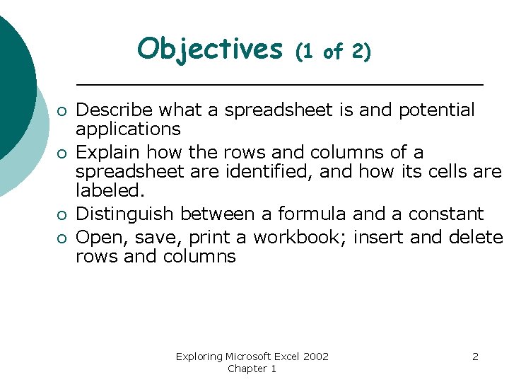 Objectives ¡ ¡ (1 of 2) Describe what a spreadsheet is and potential applications