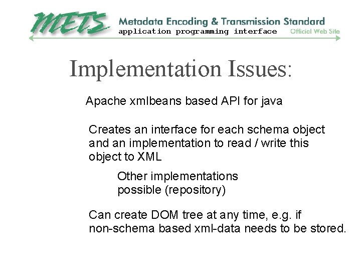 application programming interface Implementation Issues: Apache xmlbeans based API for java Creates an interface