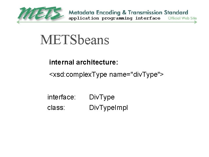 application programming interface METSbeans internal architecture: <xsd: complex. Type name="div. Type"> interface: class: Div.