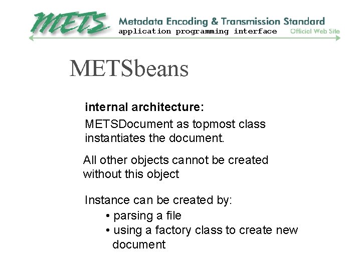 application programming interface METSbeans internal architecture: METSDocument as topmost class instantiates the document. All