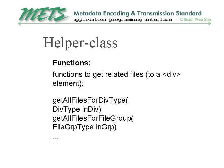 application programming interface Helper-class Functions: functions to get related files (to a <div> element):