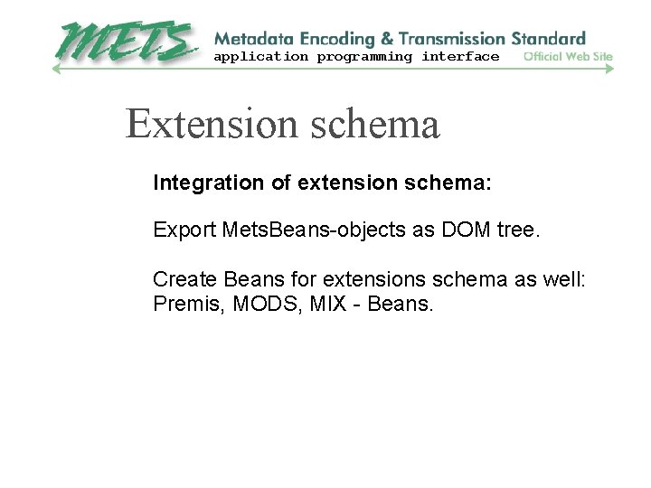 application programming interface Extension schema Integration of extension schema: Export Mets. Beans-objects as DOM