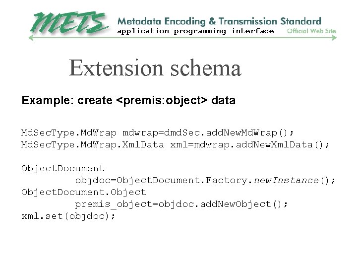 application programming interface Extension schema Example: create <premis: object> data Md. Sec. Type. Md.