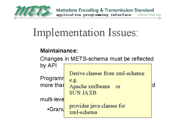 application programming interface Implementation Issues: Maintainance: Changes in METS-schema must be reflected by API